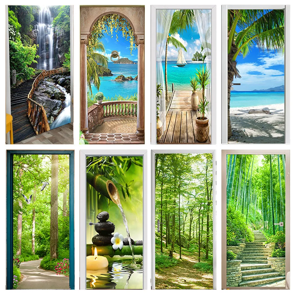 

Green Forest Bridge Self-adhesive Door Wallpaper 3D PVC Home Decor Sticker Beach Sun Scenery Poster Mural Wall Decal deursticker