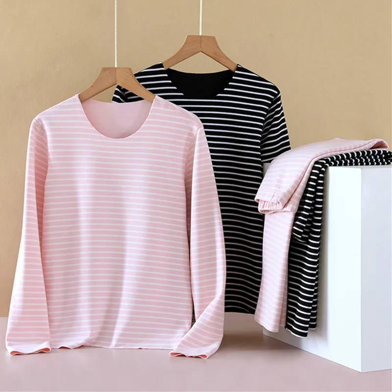 

New Women Thermal Underwear Suit Seamless Stripe Thickened Self Heating Sleepwear Set Winter Pajamas Female Home Clothes