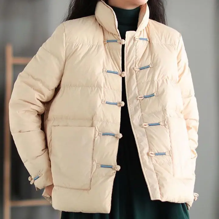 2023 Spring Autumn Women White Duck Down Jacket Thin New Coat Ladies Short Stand-Up Collar Down Coats Buttons Ladies Down M05