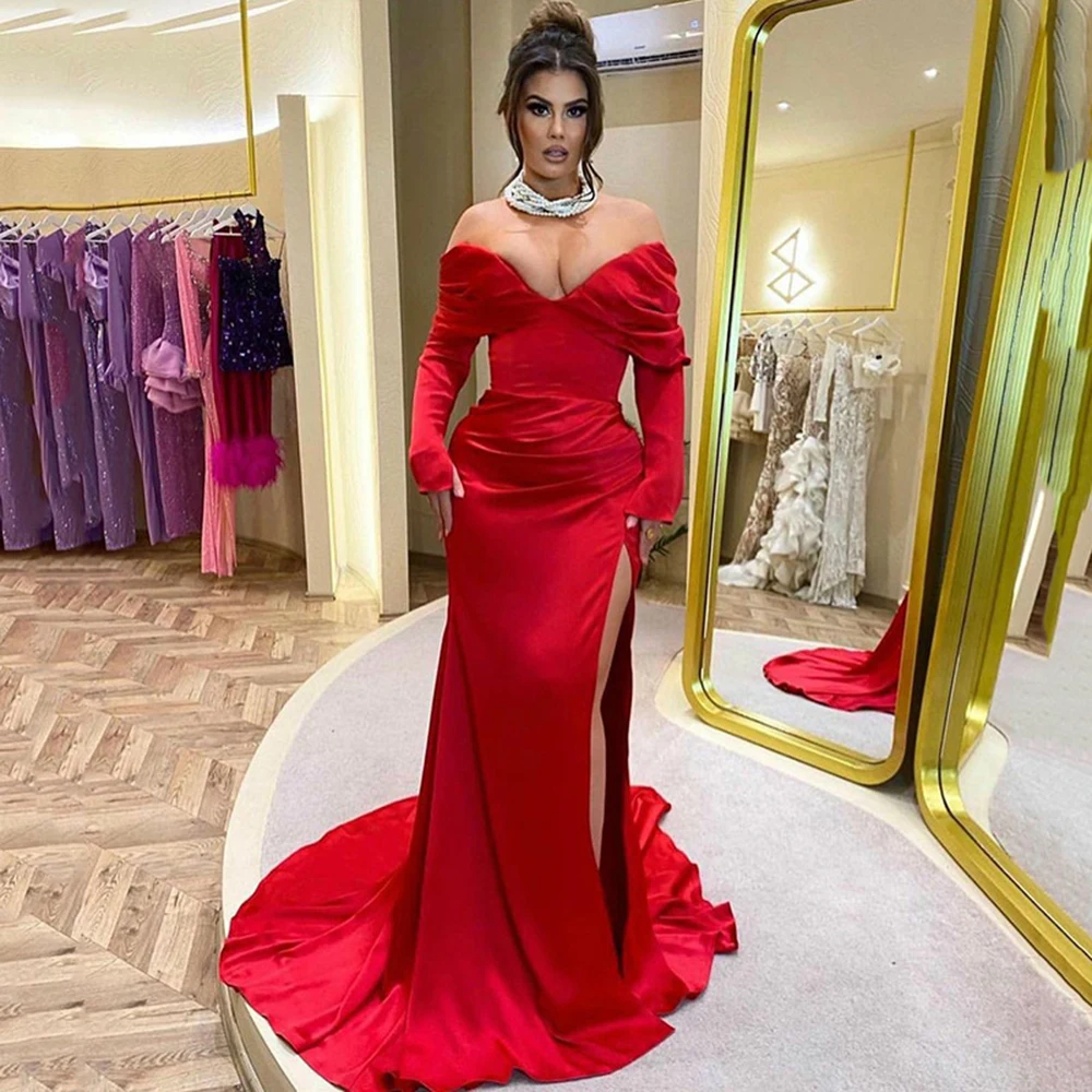 

Женское вечернее платье с юбкой-годе, платье с открытыми плечами и разрезом сбоку, вечерние длинными рукавами и глубоким V-образным вырезом, ...