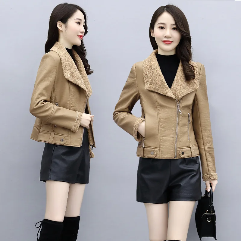 Autumn and winter new fur one-piece fashion leather jacket temperament lapel short pu leather jacket women's clothing Y1266