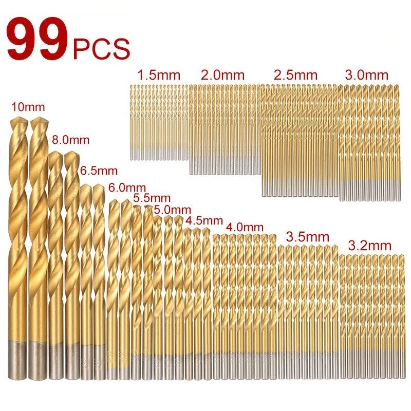 

99pc Drill Set 1.5mm-10mm HSS Drill Bits Set Titanium Coated Metal Hole Grooving Drill Carpenter Woodworking Tools brocset bit