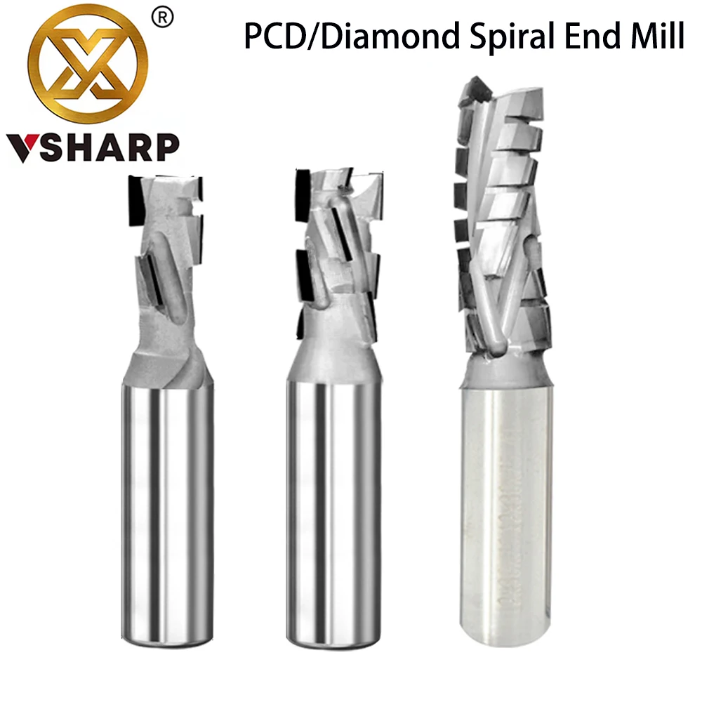 Vsharp Diamond Spiral Milling Cutter PCD Corn End Mill Engraving Slotting CNC Tool for Silicate Board Anti-Bite MDF Solid Wood