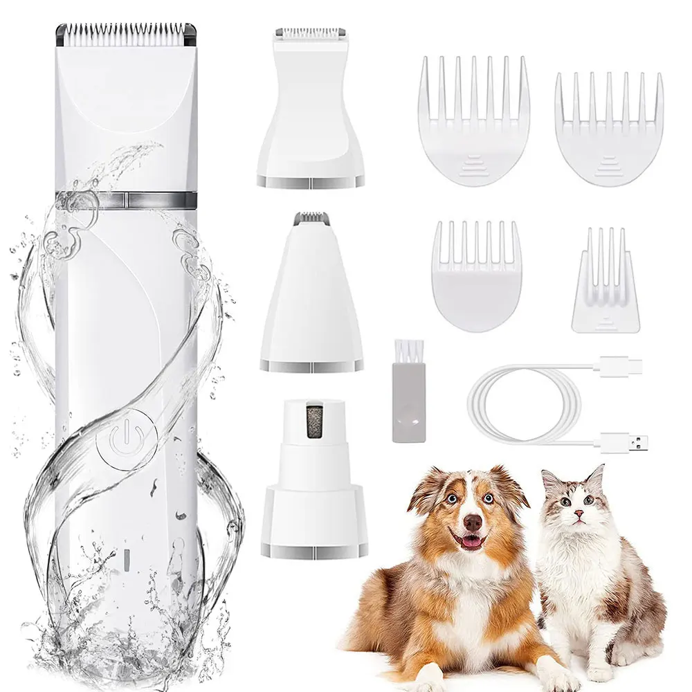 

Dog Clipper 4 in 1 Pet Electric Hair Clipper with 4 Blades Cat Nail Grinder Trimming Dog's Hair Around Paws Eyes Ears Face Rump