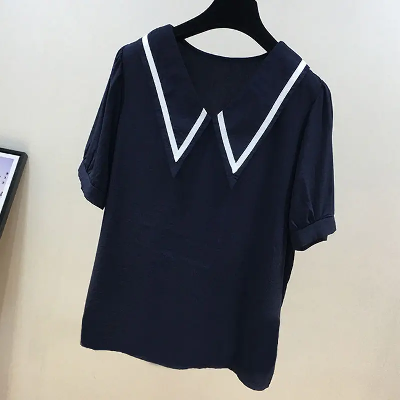 

VANOVICH European and American Sweet Doll Collar Short Sleeve Chiffon T-shirt 2022 Spring/Summer New Women Clothes