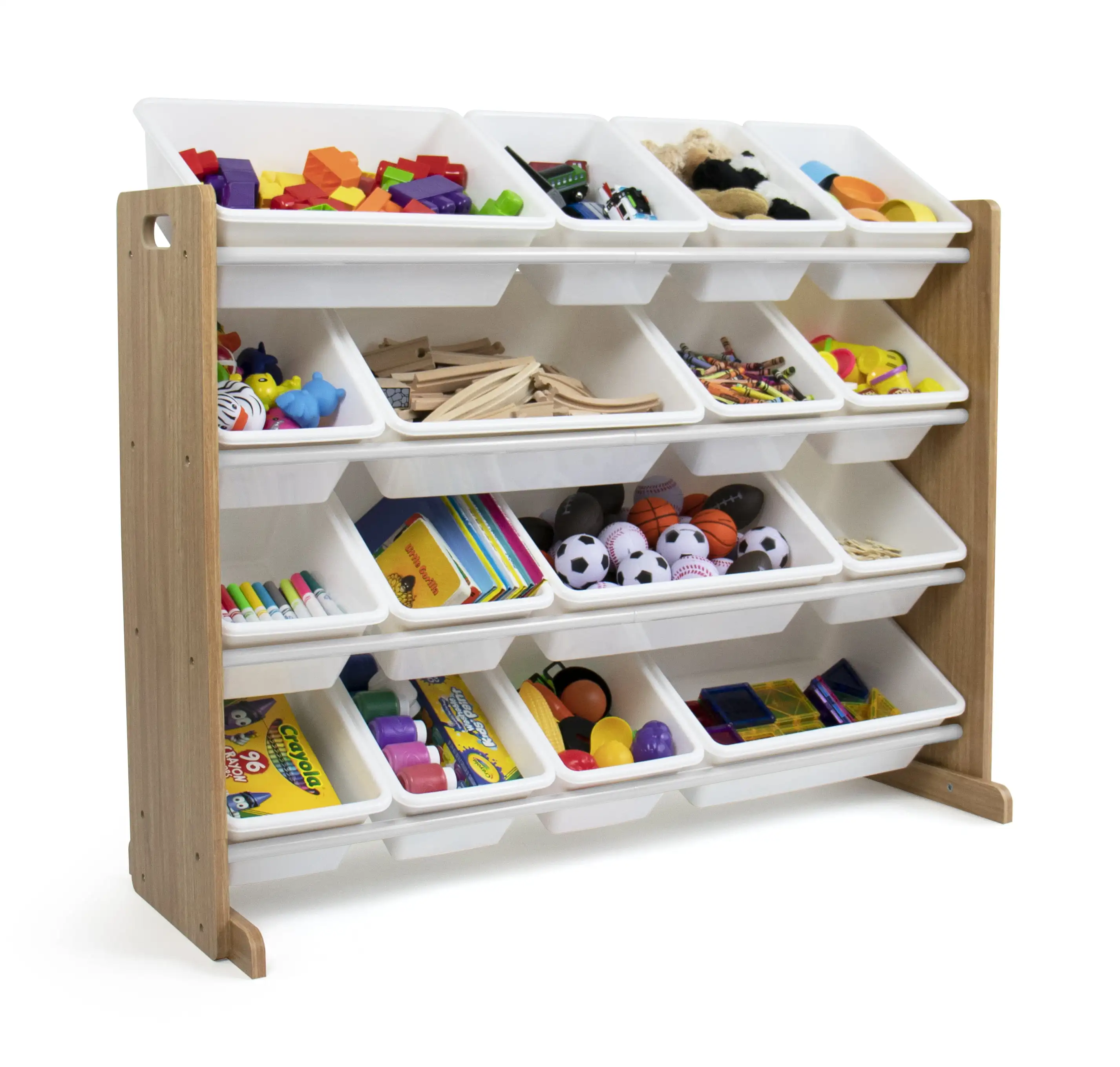 

Kids Natural Wood Toy Storage Organizer with 16 White Plastic Storage Bins