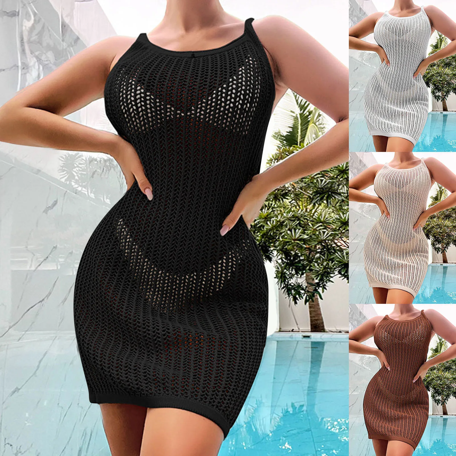 

Women Sexy Halter Tight Hollow Dress Knitted Beach Dress Cover Up Sarong