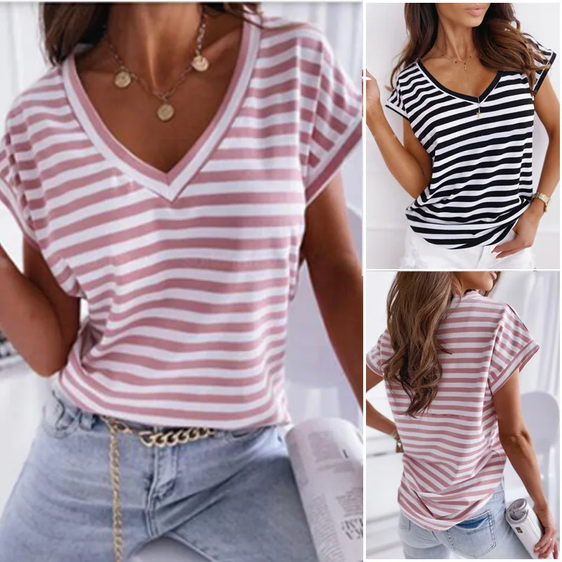 Casual  Pullover Top Summer T-Shirt Women's T-Shirt Striped T-Shirt V-Neck Short Sleeve T-Shirt Loose T-Shirt