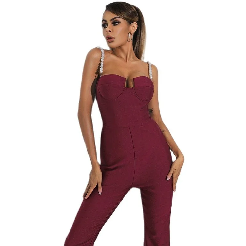 Style European Free Pearls Shipping Slim Sexy women bandage jumpsuits wide leg pants one-piece garment Celebrities jumpsuits