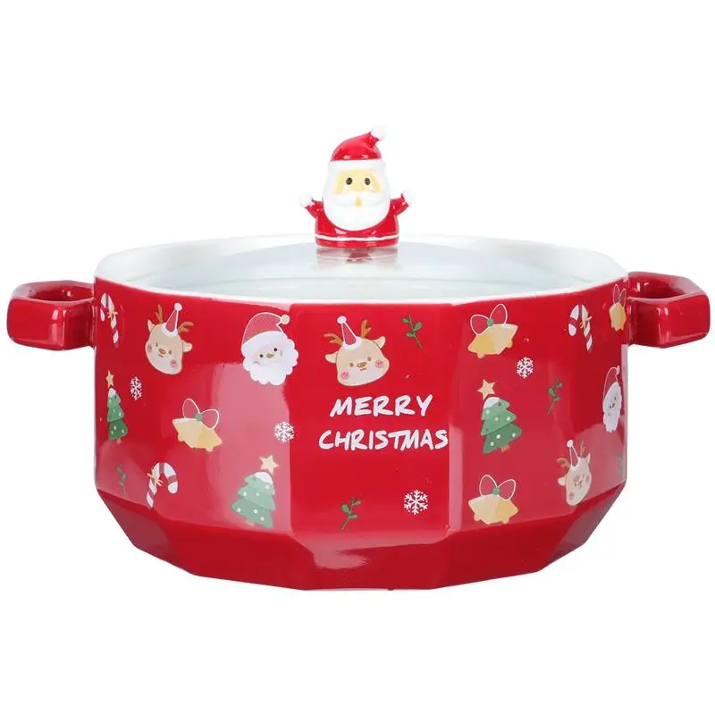 

Christmas Salad Soup Bowl Dish: Santa Round Porcelain Cereal Pasta Serving Bowl with Lid and Handle Ceramic Noodle Mixing Bowl