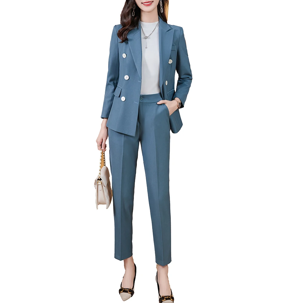 2022 New Winter Women's Pants Suit 2 Pieces Set Formal Ladies OL Blazer Female Double Breasted Jacket + Trousers Plus Size S-4XL