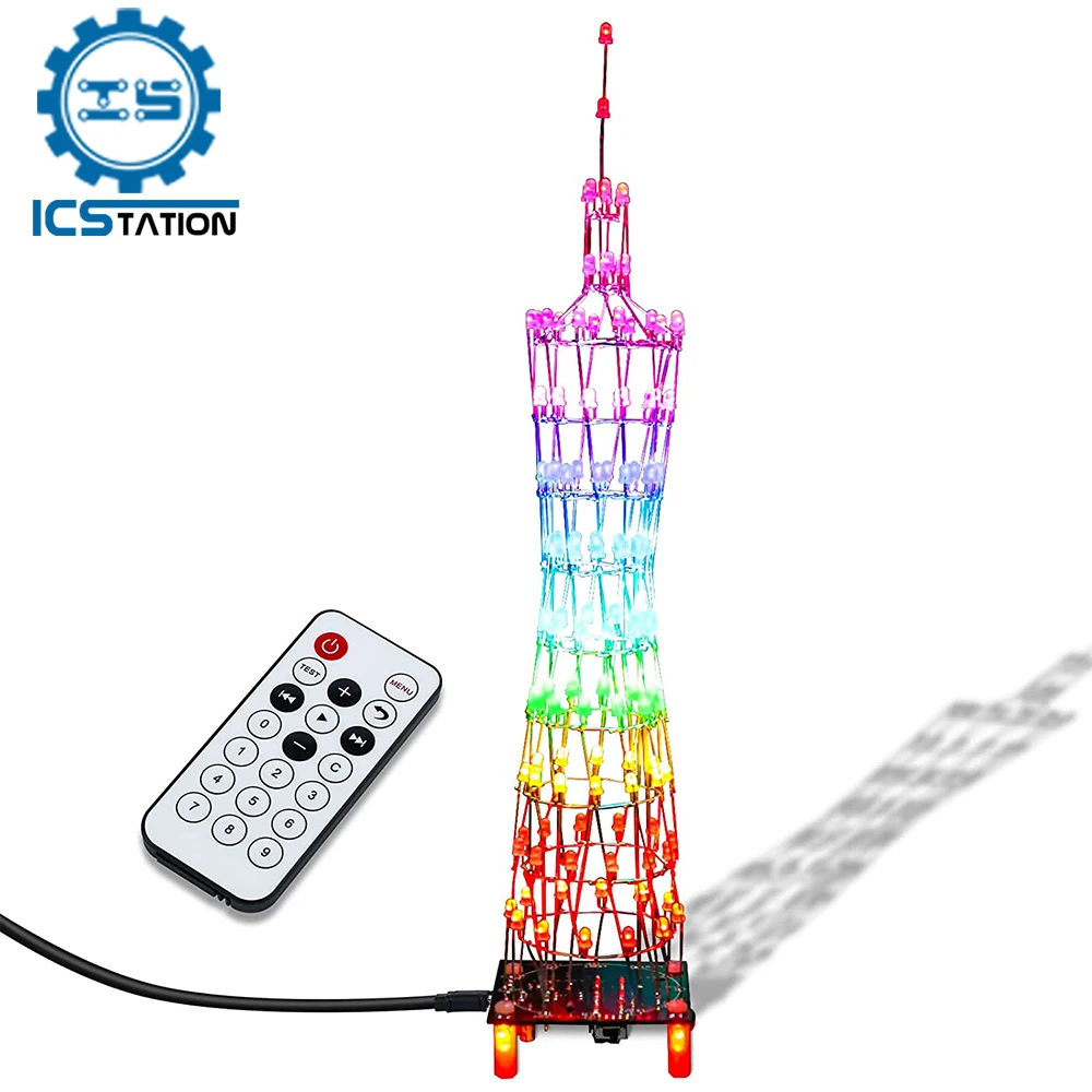 

DIY Electronic RGB LED Flashing Tower Kit Light Cube Component Soldering Project Practice Animation Spectrum Mode Remote Control