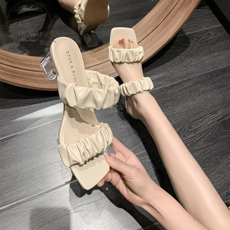YTLDWAT Designer Slippers 2022 Pleated Female Sandals Sexy Open Toe High Heels Lady Pumps Dress Party Shoes Women Summer Slides