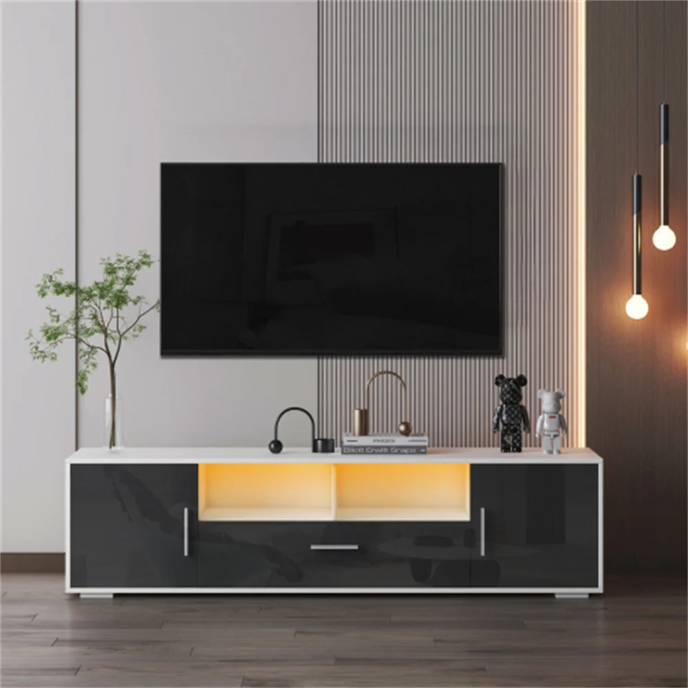 White+Dark Grey High Gloss Tv Stand, Modern Style Living Room Furniture, Wooden Tv Station With Led Lights