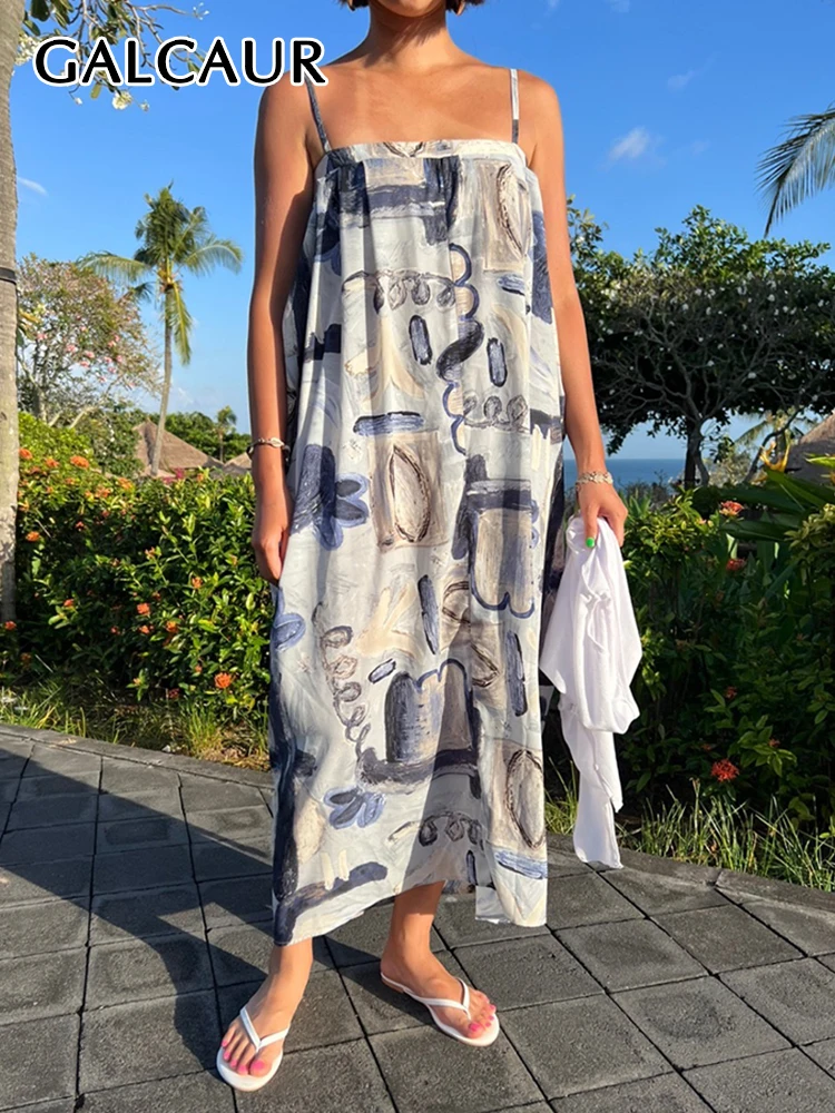 

GALCAUR Oversize Print Dresses For Women Square Collar Sleeveless Off Shoulder High Waist Folds Summer Camisole Dress Female New