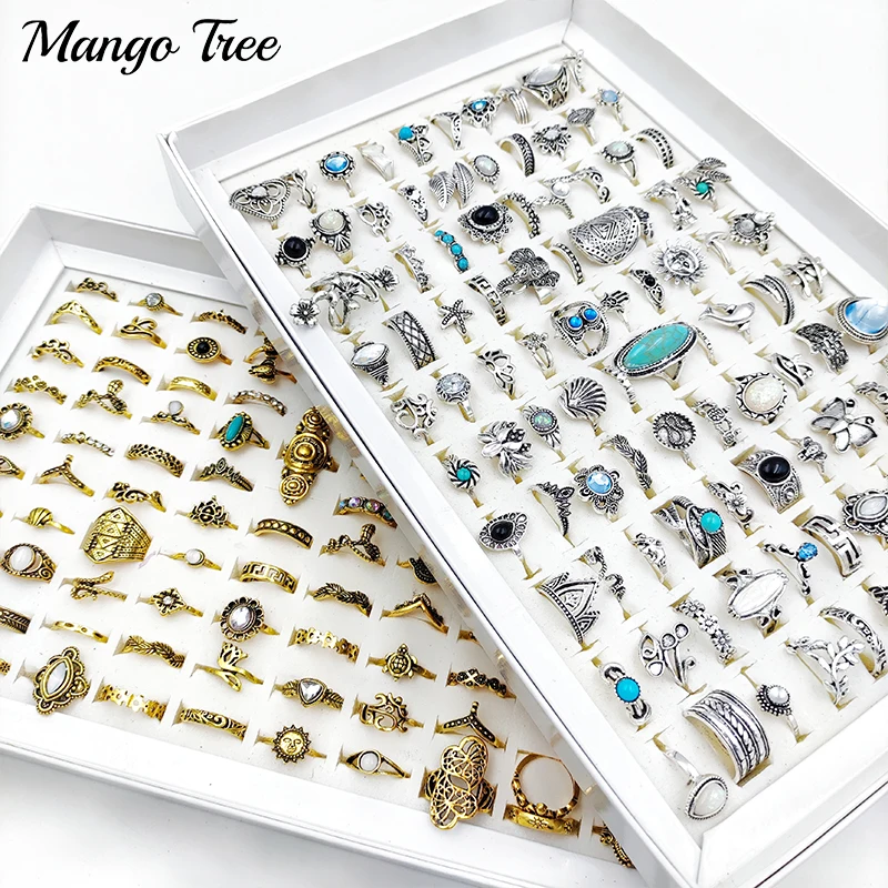 

Wholesale 50/100Pcs/Lot Vintage Bohemia Rings For Women Mix Style Ethnic Tribe Antique Silver Plated Knuckle Ring Set Jewelry