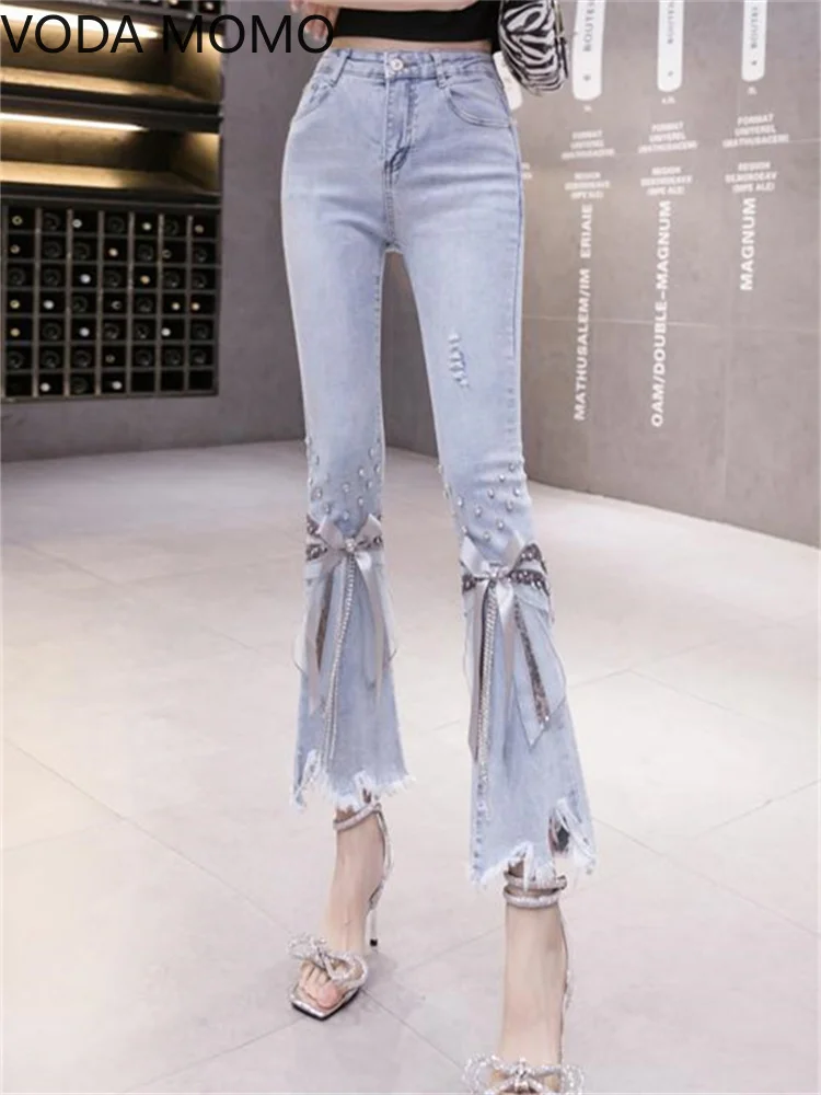 

spring 2022 womens fashion high waist Women's bow jeans skinny tassel woman denim capris flare Pants jean mom jeans trousers