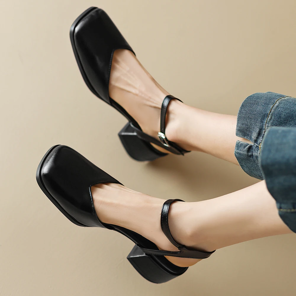 

Thick Heel Square Toe Pumps Temperament Single Slingbacks Mary Jane Shoes Fashion Ankle Strap Sandals Women 5cm High Heels