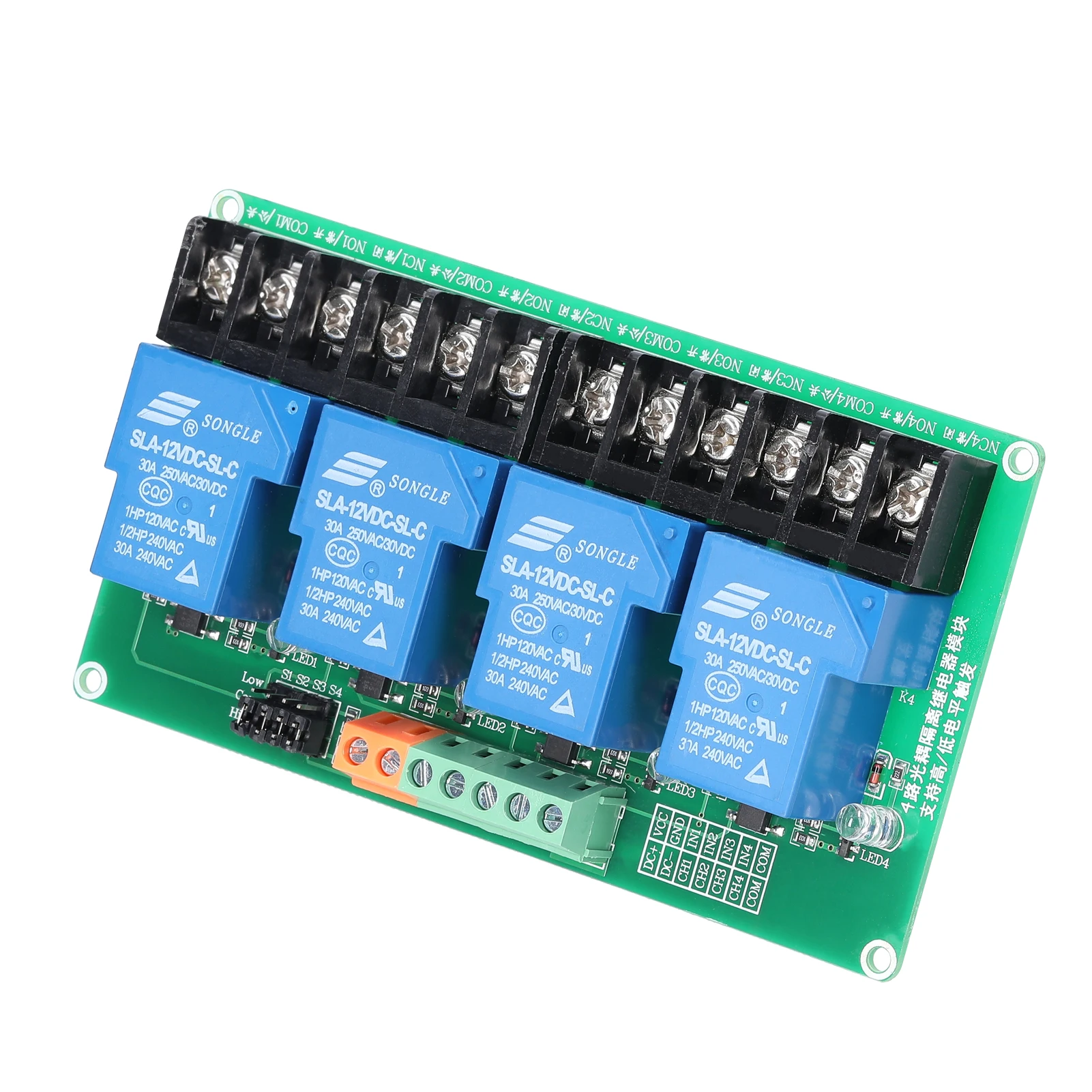 

4 Channel Relay Module 30A Load Current with Optocoupler Isolation Supports High and Low Triger 5V 12Volt 24Volt Optional