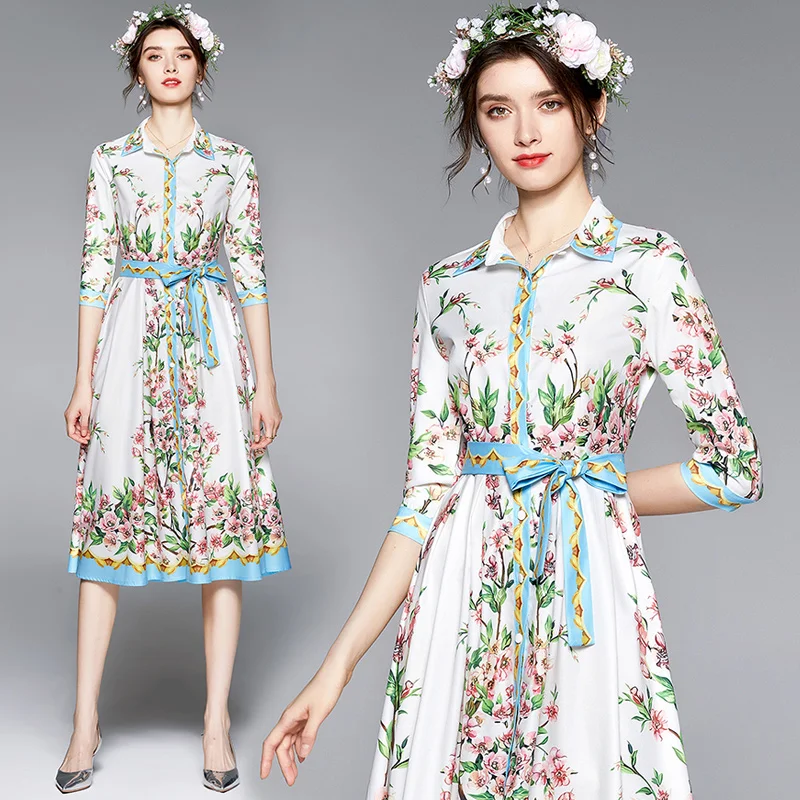 

Women's Fashion Dress Patchwork Color Belt Palace Style Dress Retro Positioning Printed Seven-point Sleeve Floral Dress Women