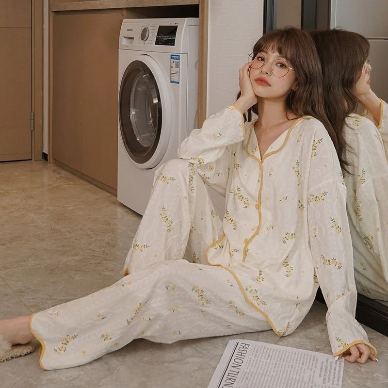 Women Pajamas Set Safe Cotton Full Sleeve Tops Sleepwear 2Piece/Set Spring Casual Pyjama Big Size Cozy Sweet Dot Homewear