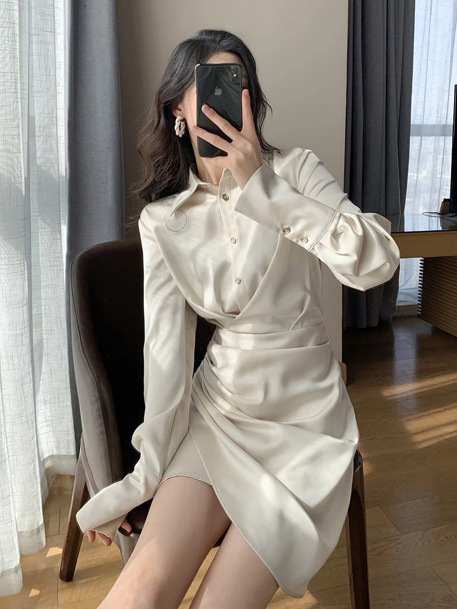 

New women's clothing for spring and summer 2022 Shirt Collar Pleated Nipped Waist Dress 0223