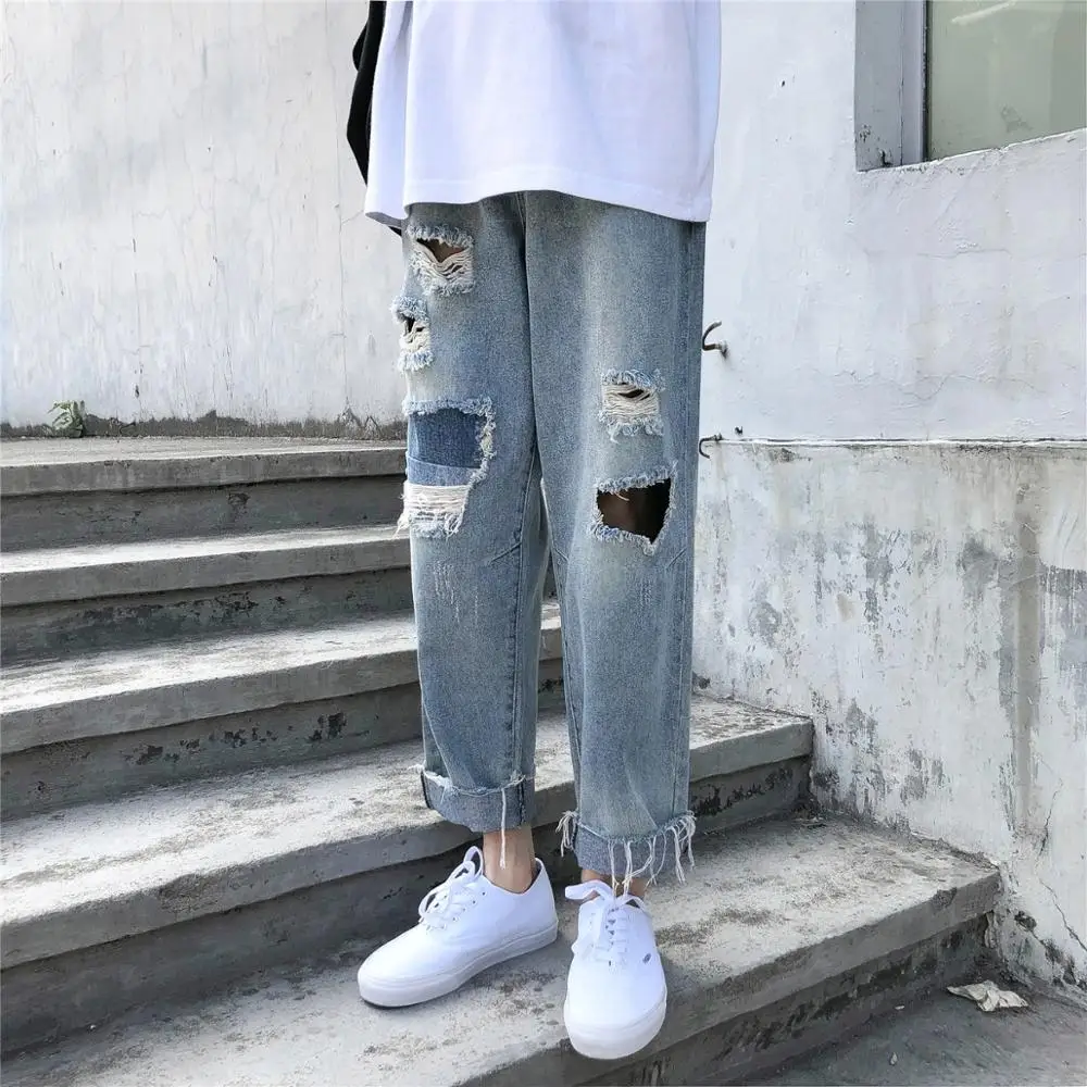 

Wholesale 2020 Ripped Patch Jeans Men's Brand Ankle Length Beggar Pants Loose Straight Hong Kong Style Bad Feet Wide Leg Pants