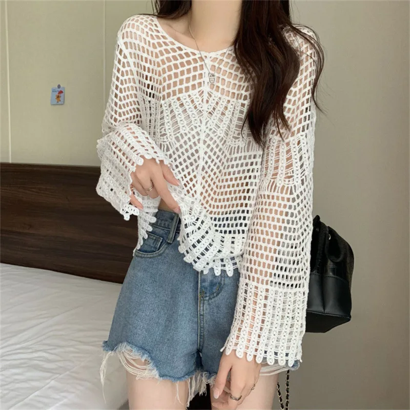 Women's Hollow Sweater 2023 Spring and Summer Long Sleeves Outerwear Thin Swimsuit Blouse Loose Short Beach Top