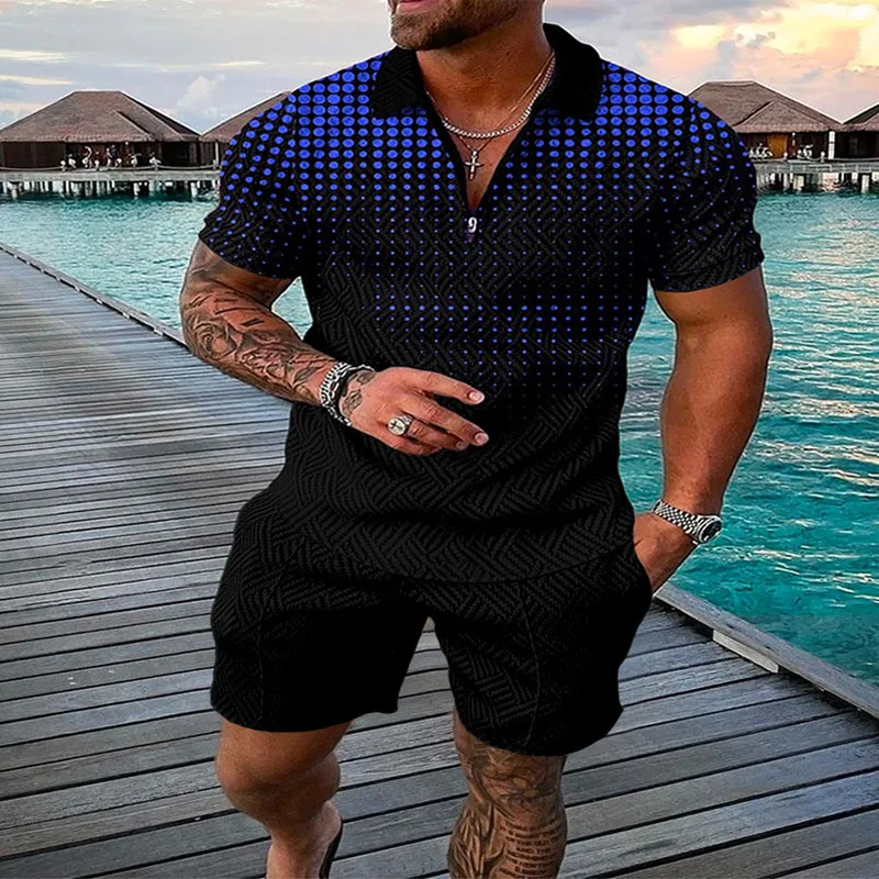 New Summer Men's Business Zipper Polo Suit Fashion Print Slim Short Sleeve and Casual Shorts Men's Clothing 2-Piece Set