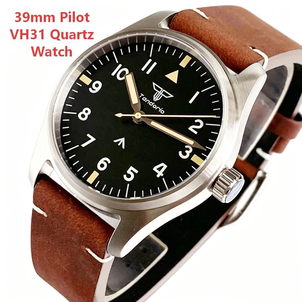 Фото Мужские кварцевые часы Pilot Retro 39 мм с механизмом VH31, из нержавеющей стали, с сапфировым стеклом, водонепроницаемость 100 м, светящиеся метки, кожаный ремешок, Reloj Hombre №1