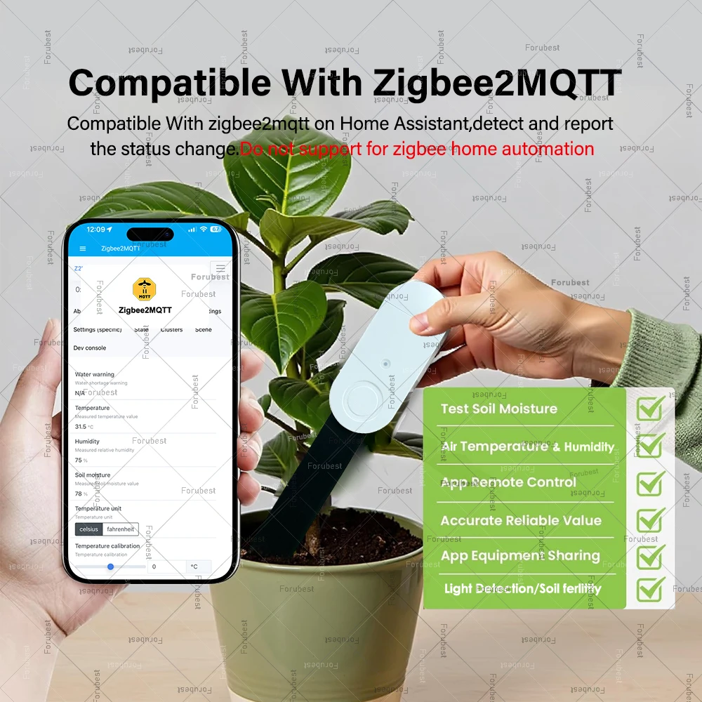 Фото Датчик влажности почвы Zigbee, измеритель температуры и влажности, датчик плодородия и освещенности, мониторинг в реальном времени через приложение TUYA Zigbee2MQTT №4