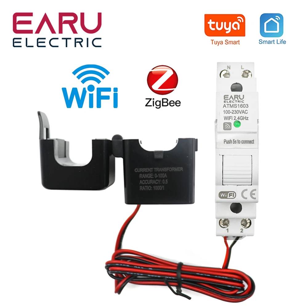 

Tuya Smart WiFi /Zigbee Electricity KWH Meter Din Rail Single Phase AC 110V 240V 50A 63A CT AC Meter App Real Time Monitor Power