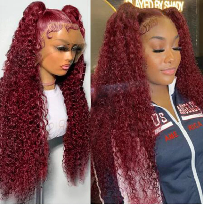 

Soft Glueless Burgundy Kinky Curly Preplucked 180% Density 26 Inch Long Lace Front Wig For Black Women 99j Babyhair Daily Wine