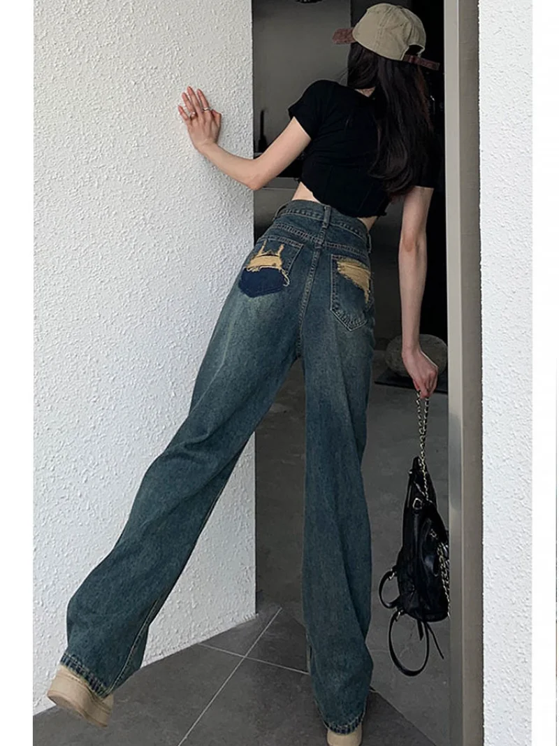 

Женские брюки с широкими штанинами, элегантные рваные джинсы контрастных цветов с высокой талией, уличная одежда Y2k, весна-осень 2023