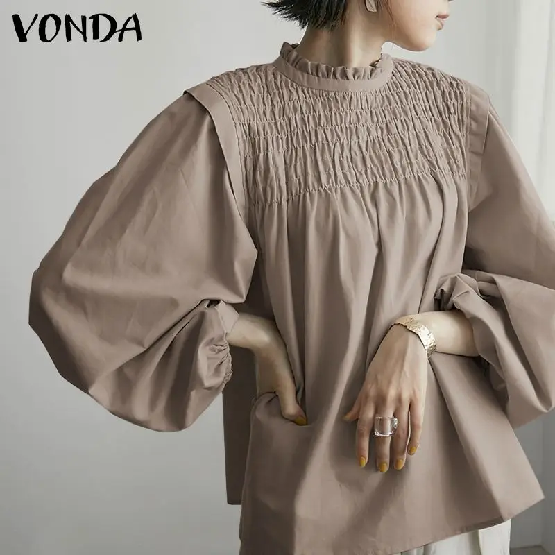

Spring Autumn Long Sleeve Mock Neck Solid Blouses VONDA Women 2022 Casual Baggy Pleated Blouse Holiday Party Blusas Femininas