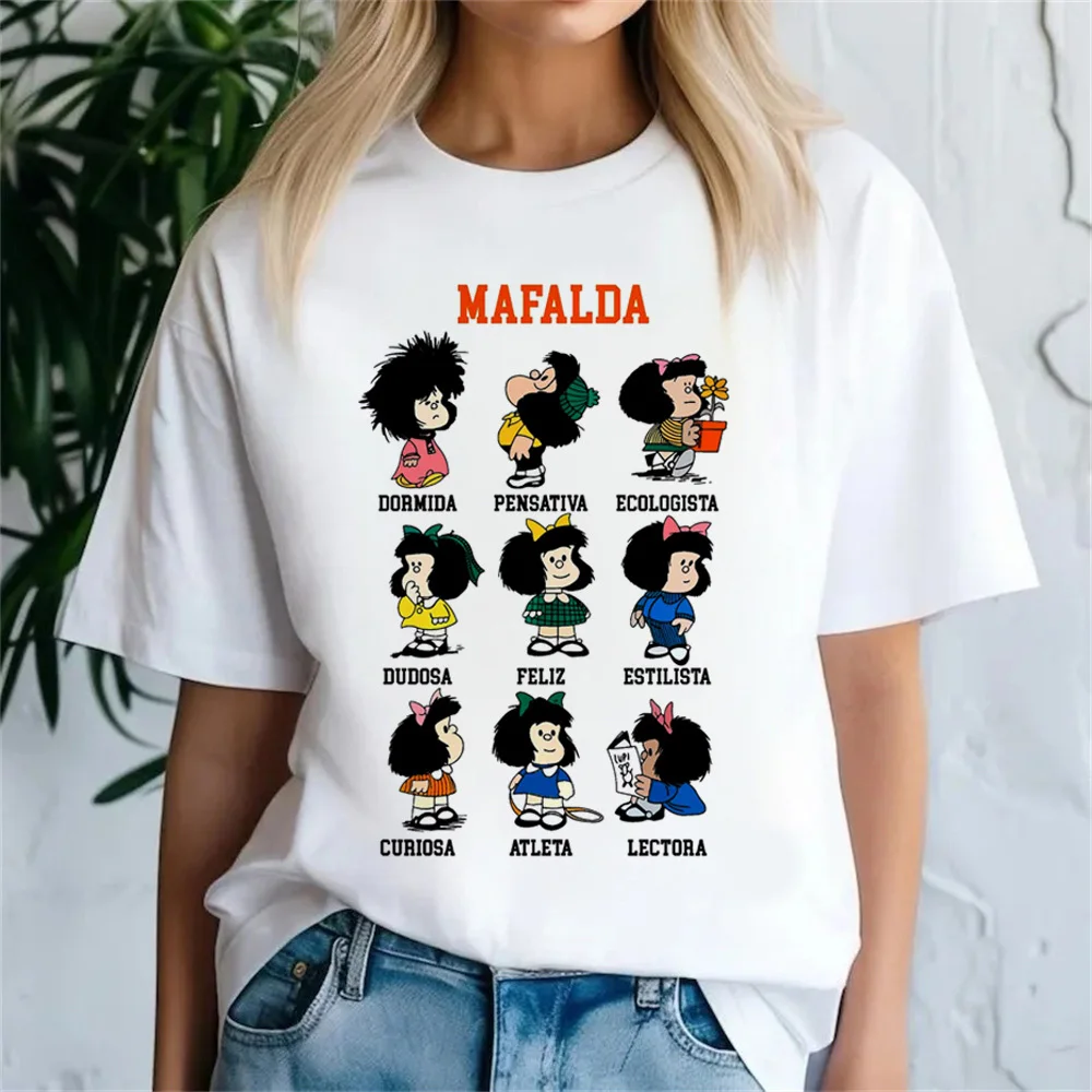 Фото Футболка Mafalda, женская эстетичная дышащая рубашка 2000-х годов с рисунком 80-х годов, дышащая красочная уличная одежда, корейская одежда в стиле панк, хип-хоп №1