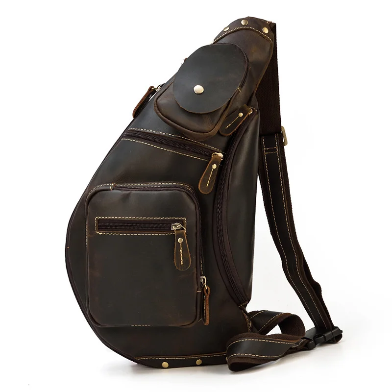 

Retro Men's Chest Bag Crazy Horse Skin Oblique Straddle Genuine Leather Leisure Outdoor Travel Single Shoulder