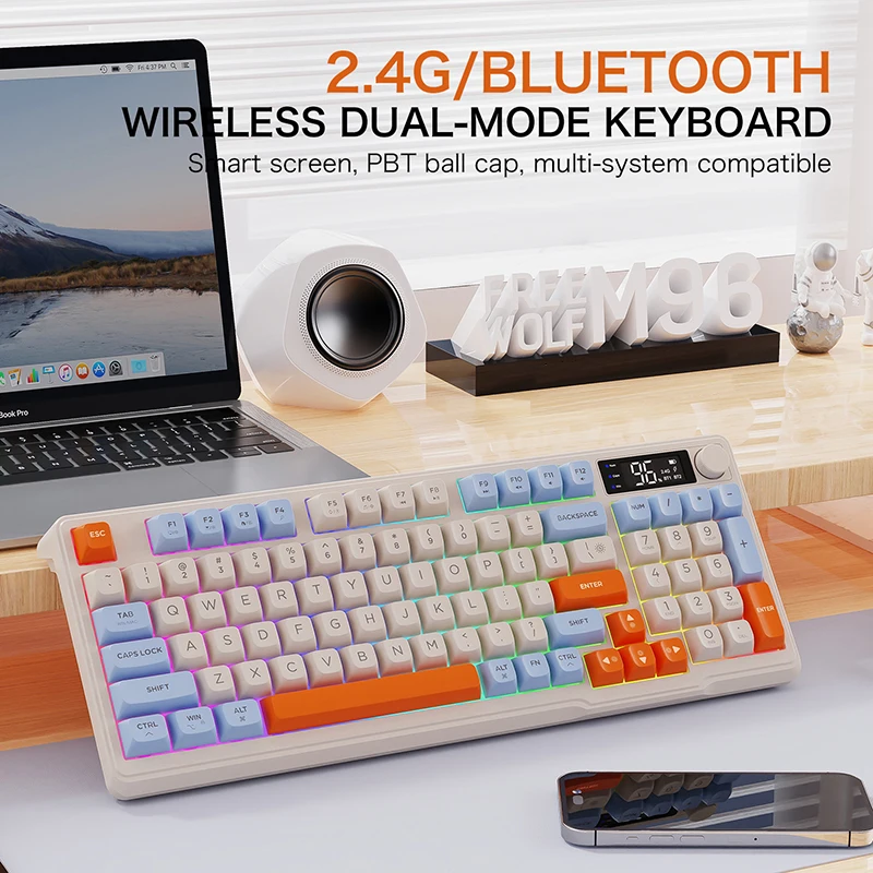 Беспроводная Bluetooth-клавиатура FREEWOLF M96 Колпачки Клавиш Из ПБТ ...