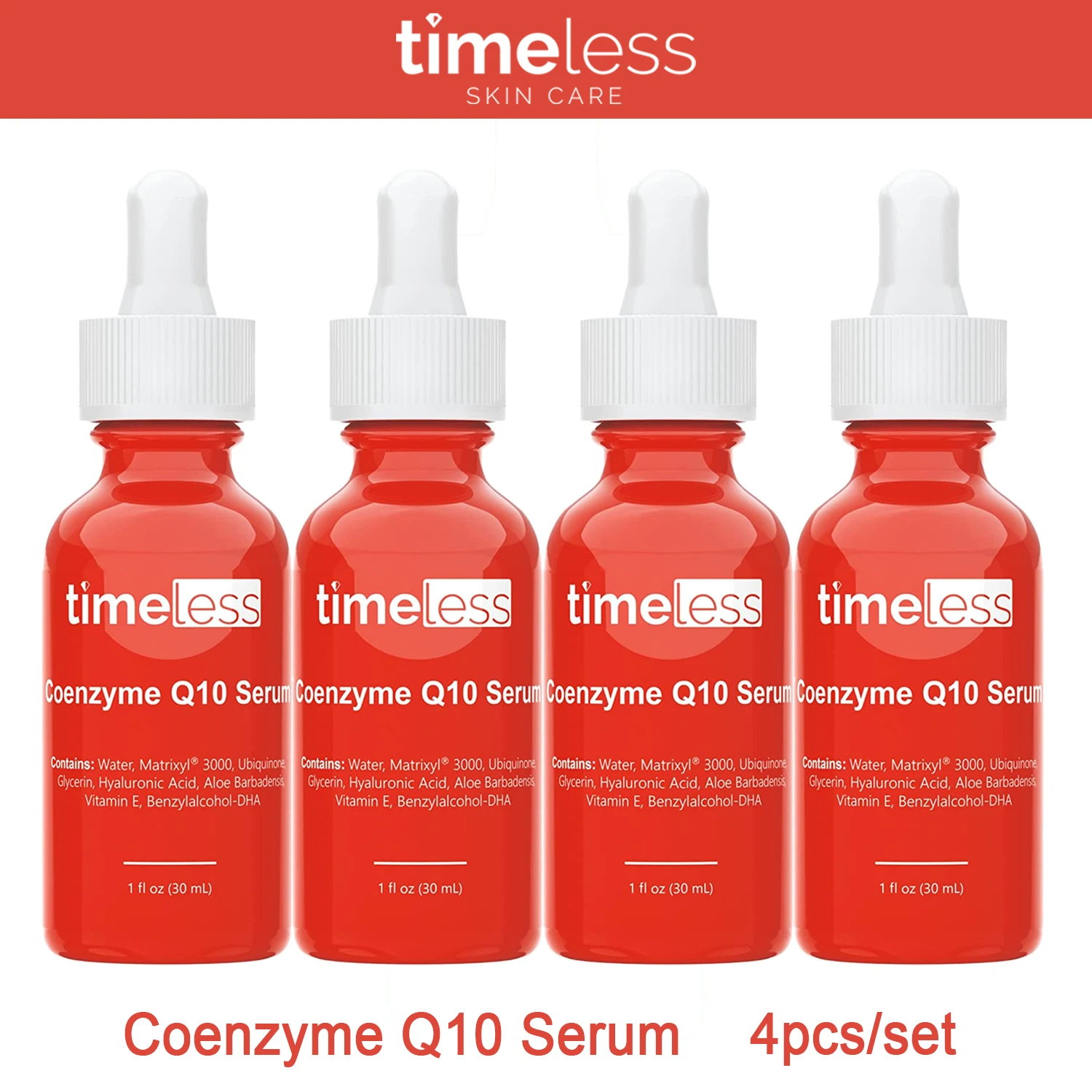 

4pcs Timeless Skin Care Coenzyme Q10 Serum Whitening Moisturizing Anti-Wrinkle Vitamin E Benzylalcohol-DHA Facial Serum Lotion