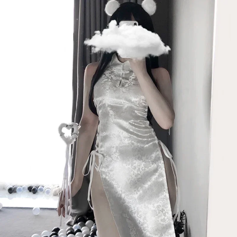 Дворцовый Ретро Высокий Разрез Полый Кружевной Костюм Чонсам Сексуальное