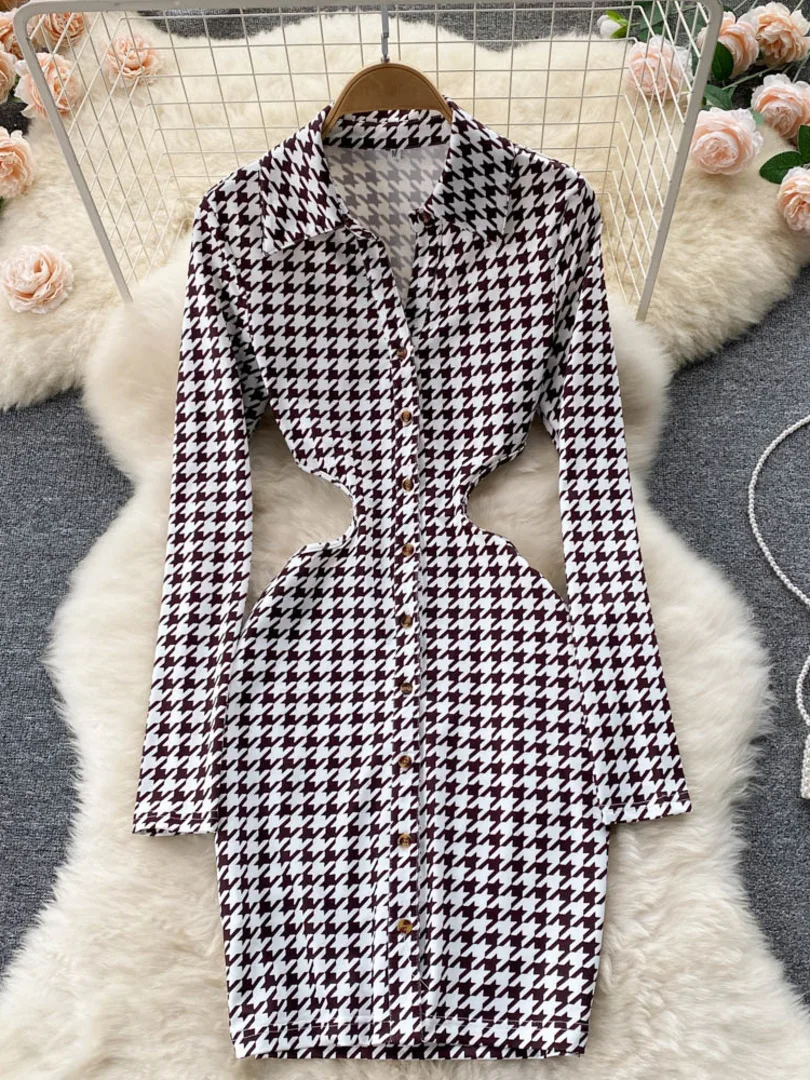 

Женское мини-платье с принтом «гусиная лапка», длинным рукавом и отложным воротником