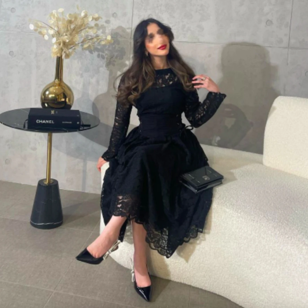 

Formal Black Lace Prom Dresses Long Sleeves Saudi Arabia Women Wedding Party Dress A Line Homecoming Graduation Evening Gowns
