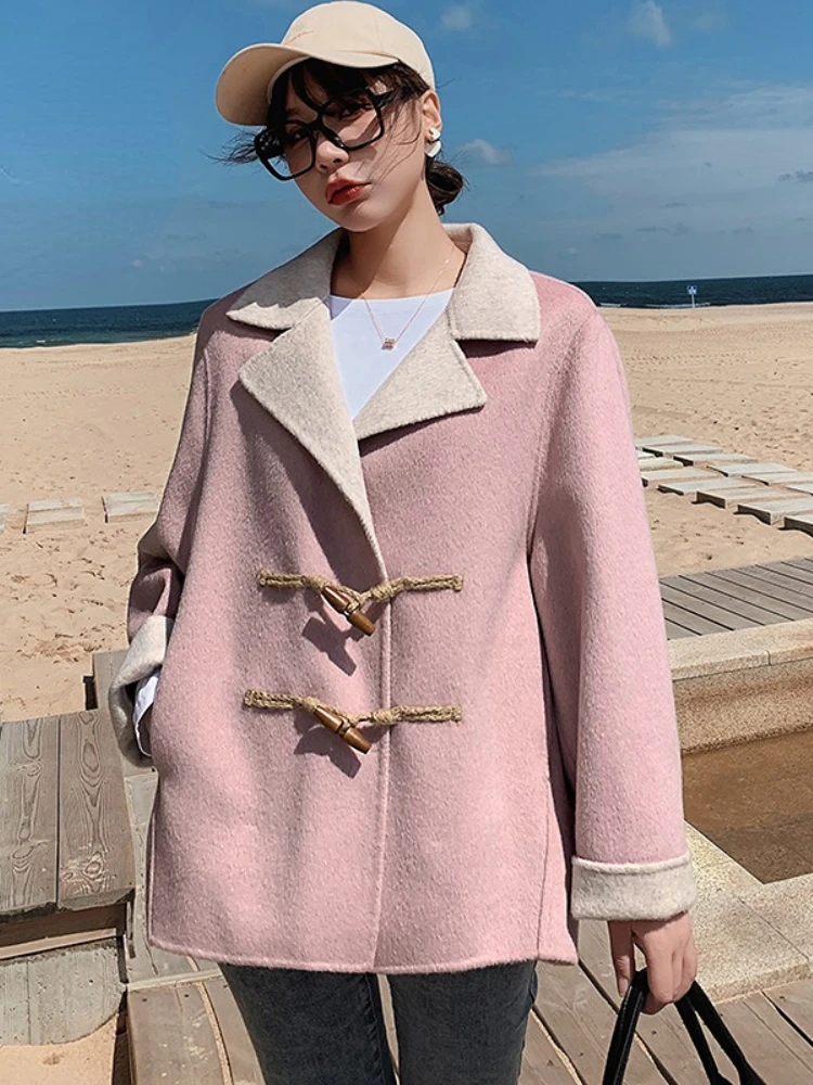 

2023 Retro Horn Button Double-sided Wool&Blends Cashmere Coat Women Winter Short Loose Warm Luxury New Fashion Streetwear