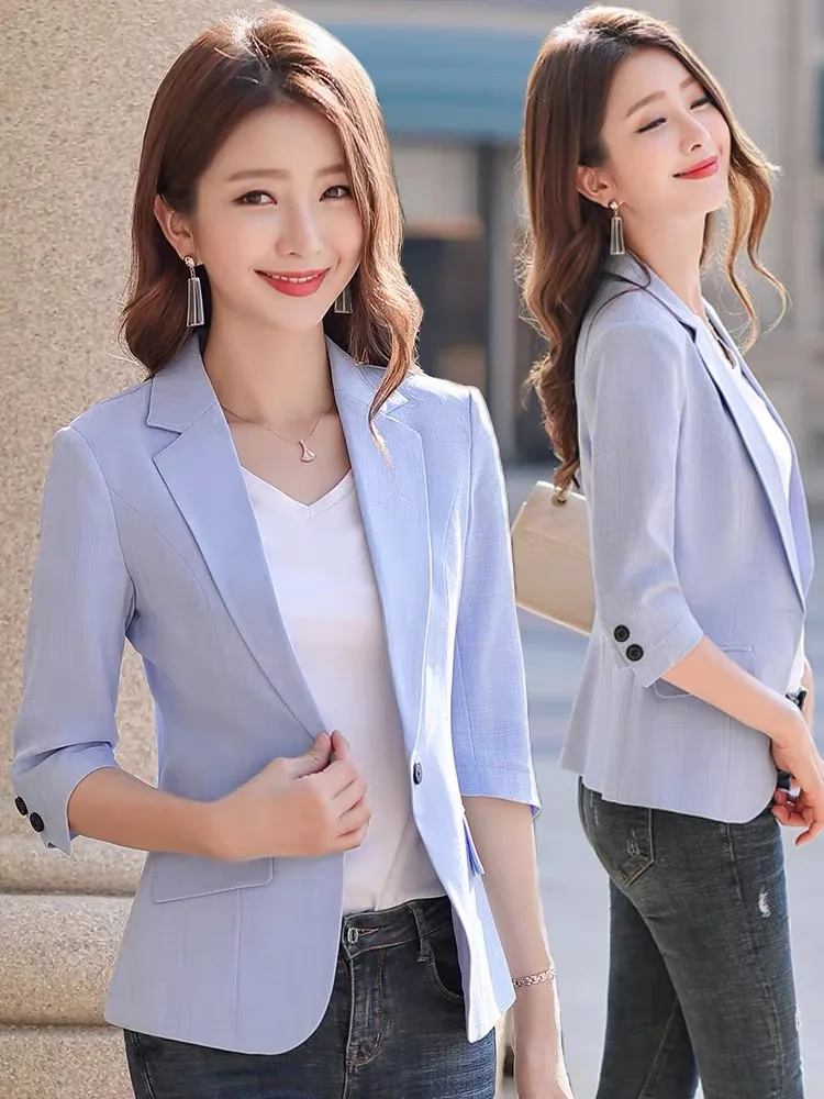 

Spring And Summer Three Quarter Sleeve Blazer Feminino Single Button Notched Office Lady Women Coat Work Wear Clothes