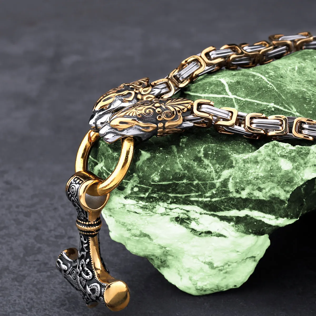 Vintage Viking Dragon Head Amulet Thor's Hammer 316L Stainless Steel Pendant Necklace Pirate King Chain with Valknut Gift Bag