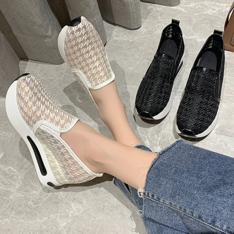 

2023 Women Sneakers Female Casual Wedge Shoes Mesh Breathable Shoes Ladies Black and White Platform Thick Soled Women's Shoes