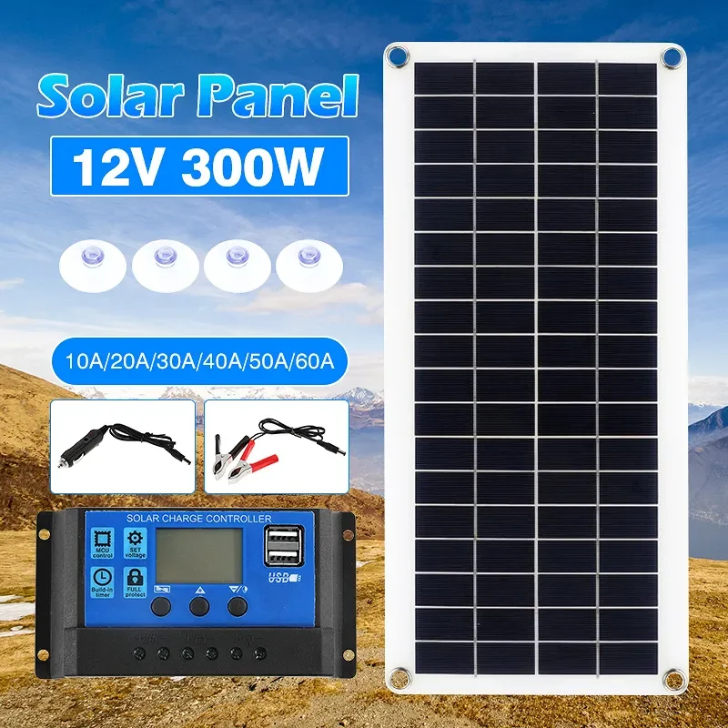 

Dual USB 300W 12V Solar Panel Kit Complete 30A 60A Solar Charge Controller Solar Cell for RV Camper USB Charger Outdoor Supply