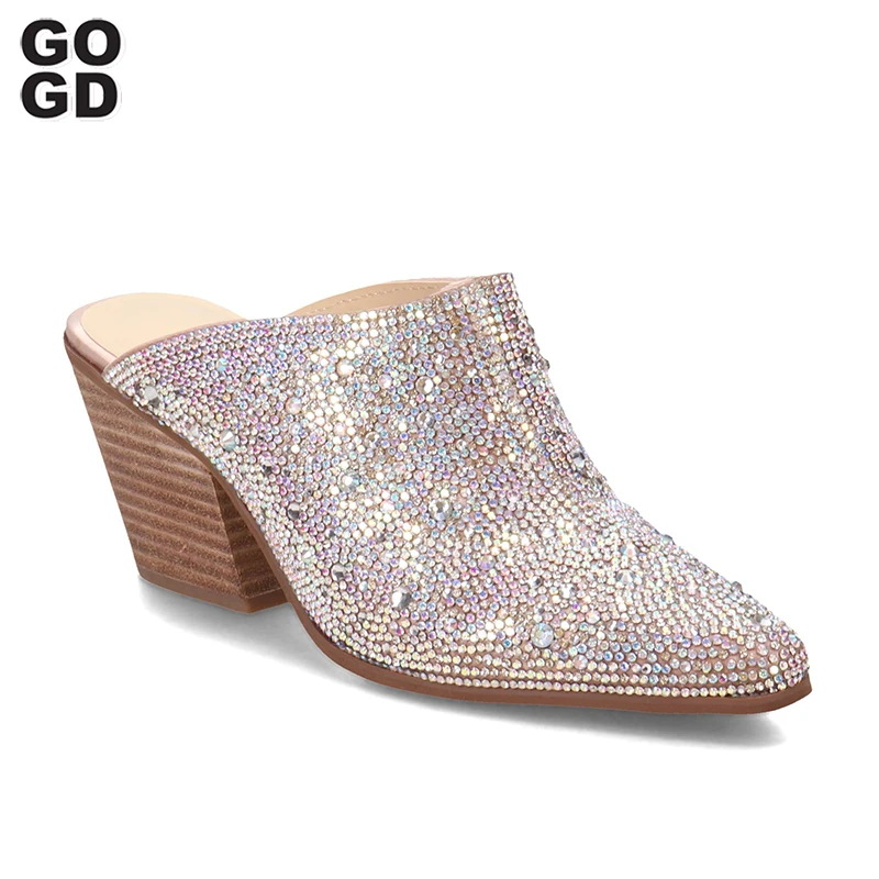 

GOGD Brand Luxury Women Slippers Diamonds Fashion High Heels Trendy Slip-On Chunky Heels Slingbacks Casual Beach Shiny Sandals