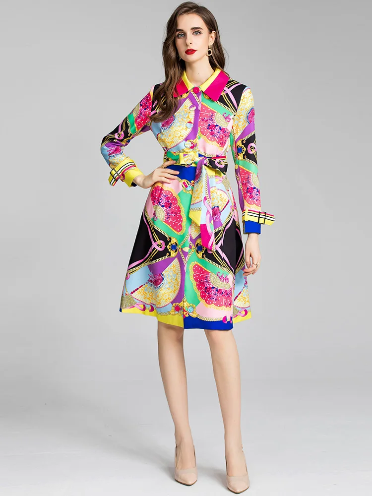 

MoaaYina Fashion Designer dress Autumn Women's Dress Long sleeve Single-breasted Flower Printed Belted Loose Vintage Dresses