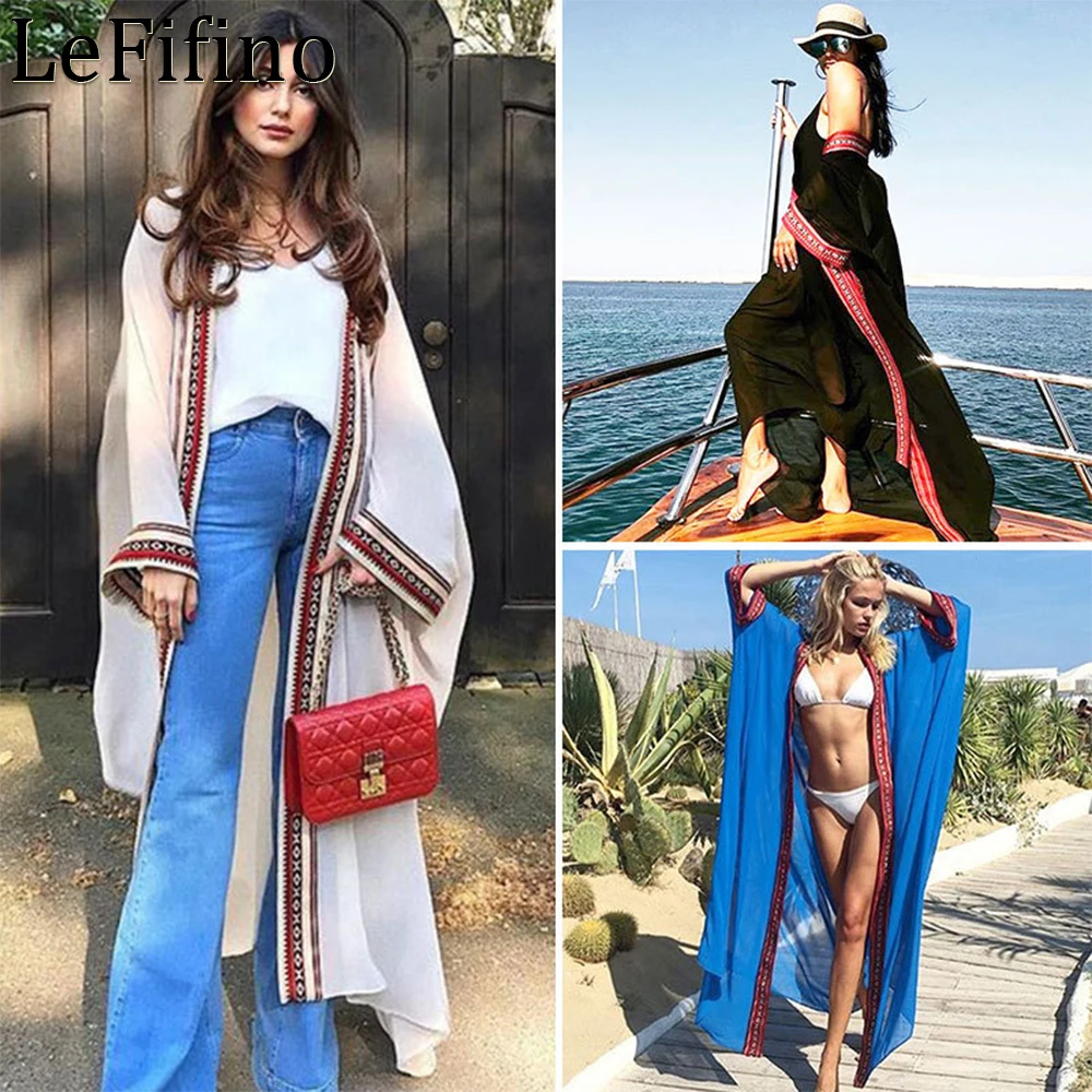 

Fashion Summer Solid Street Leisure Style Embroidered Robe Beach Vacation Sunscreen Cardigan Outerwear Bikini Cover Up For Women